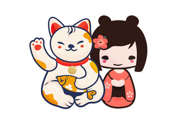 Anime Manga styled vector illustration: kawaii japanese teen girl and maneki neko lucky cat isolated. Cute Kokeshi doll and Maneki Neko beckoning kitty as a charm symbol of luck and Japan.