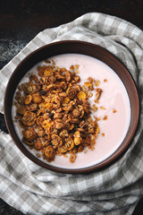 Healthy breakfast bowl with fresh yogurt and granola. Probiotics and fermented dairy products. Breakfast with probiotics.