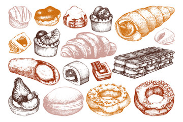 Breakfast Pastries and Brownies collection. Hand drawn baked products on chalkboard. Vintage food sketches for cafe or bakery menu. Confectionery design. 