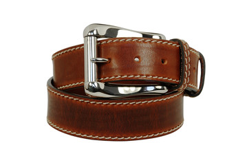 Brown leather belt with big chrome buckle on white background