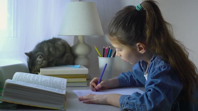 cute girl playing with her pet cat instead of doing homework