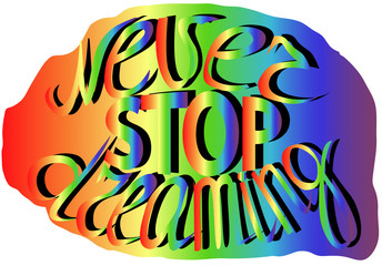 Never stop dreaming - hand lettering Inspirational quote, typography poster or card.