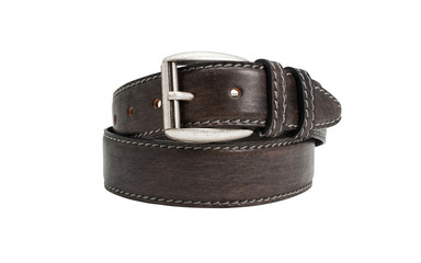 Brown leather belt with stitches on white background