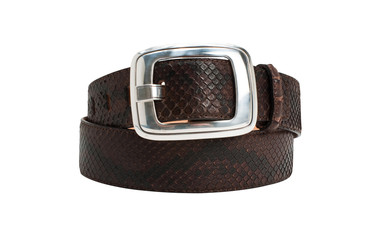 Brown snake leather belt with big buckle on white background