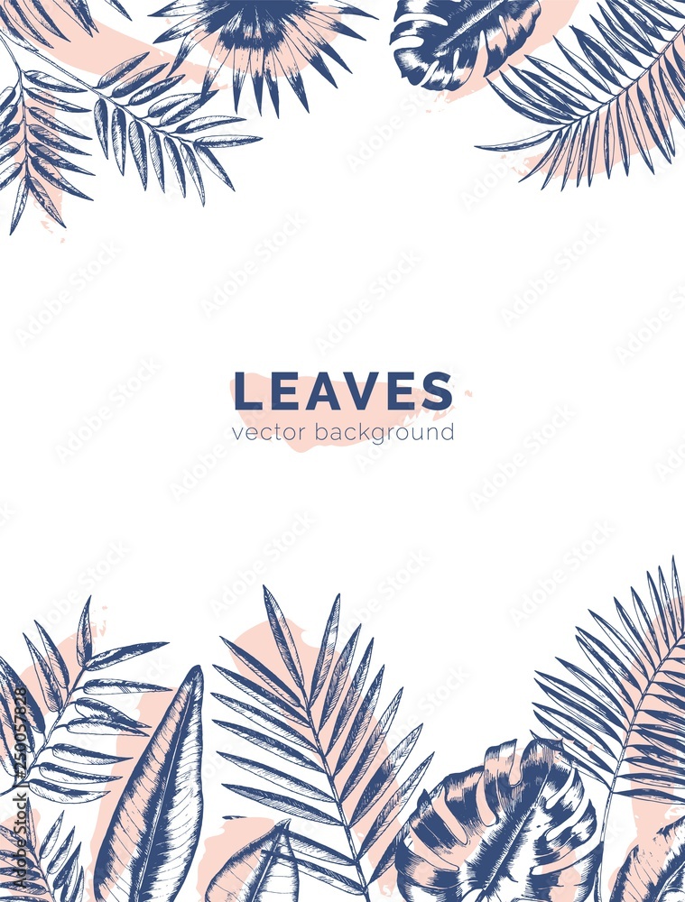 Poster Vertical background with borders made of jungle palm tree branches and leaves drawn with contour lines and paint stains. Backdrop decorated by foliage of rainforest plants. Summer vector illustration.