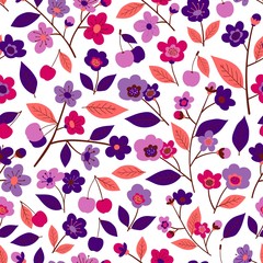 Seamless pattern with flowers, leaves and fruits of cherry