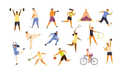 Foto op Aluminium Collection of cute funny men and women performing various sports activities. Bundle of happy training or exercising people isolated on white background. Vector illustration in flat cartoon style. © Good Studio