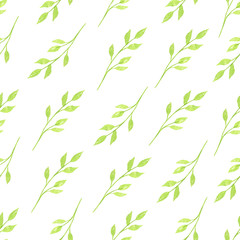 Watercolor vector seamless pattern with green branches and leaves isolated on white background.