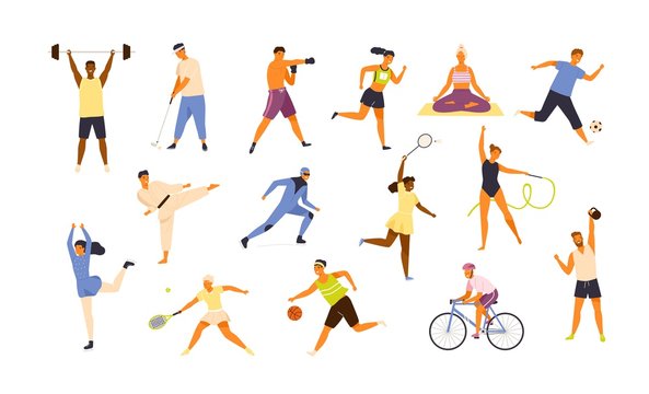Collection of cute funny men and women performing various sports activities. Bundle of happy training or exercising people isolated on white background. Vector illustration in flat cartoon style.