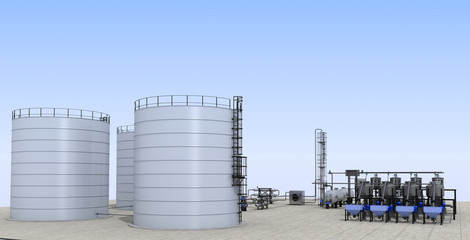 oil refinery, chemical production, waste processing plant, exterior visualization, 3D illustration