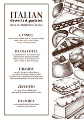Italian cuisine menu design. Hand drawn desserts and pastries illustrations. 