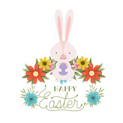 happy easter label with egg and flowers icon