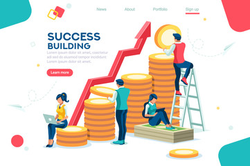 Alternative progress, building ad, investment management for company. Joint markets and move up deal. Bank career growth for success. Flat ambition concept with character isometric vector illustration