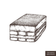 Hand drawn Tiramisu illustration on white background. Vector Italian cake drawing. Vintage desserts sketch.