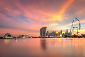 Famous Singapore Skyline with illuminations on sunset