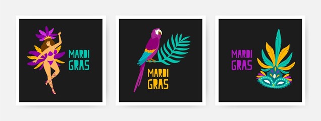 Collection of square Mardi Gras cards decorated by exotic parrot sitting on branch of tropical tree, dancer, festive mask. Flat vector illustration for holiday masquerade or carnival party invitation.