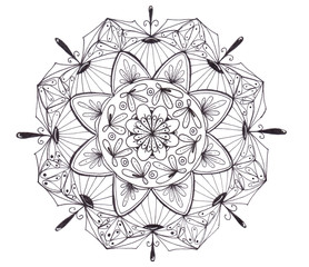 Hand drawn black mandala isolated on white background.