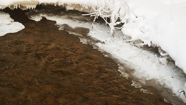 Thawed patch on frozen river. Frozen ice river is melting in spring with ice flakes flowing. Cracked ice floating on the river in spring time. Global warming