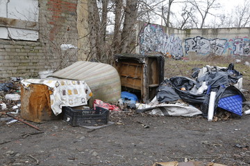 Environmental problems and nature pollution. Waste dumped in the city, an illegal social issue....