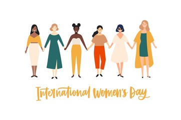 International Women's Day banner, placard or greeting card template with smiling young girls or feminists holding hands and standing together. Flat vector illustration for 8 march celebration.