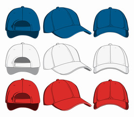 Set of baseball caps, front, back and side view. Vector illustration - obrazy, fototapety, plakaty