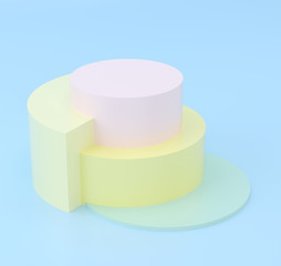 Empty yellow, pink round pedestal for display. Platform for design. Pastel color