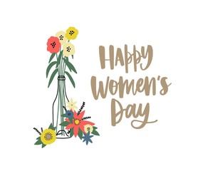 Poster or postcard template with bouquet of gorgeous spring flowers in vase and Happy Women's Day wish written with cursive font