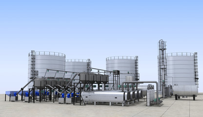 oil refinery, chemical production, waste processing plant, exterior visualization, 3D illustration © vadim_fl