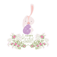 happy easter label with egg and flowers icon