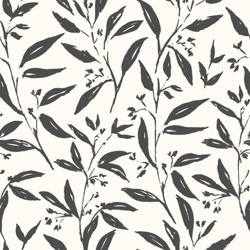 Hand drawn plant black and white seamless pattern