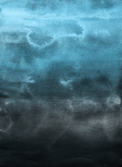 Colorful winter blue ink and watercolor textures on white paper background. Paint leaks and ombre effects. Hand painted abstract image. Deep sea.