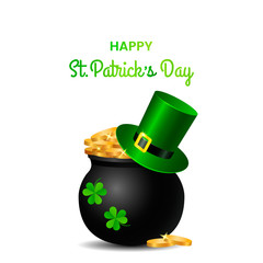 festive green banner or St. Patrick's Day greeting card. Traditional symbols are a pot of gold coins, clover leaves.