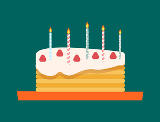 Sweet cake with candles vector, food baked for holiday birthday party celebration. Bakery with strawberries and toppings, cream and glazed biscuits