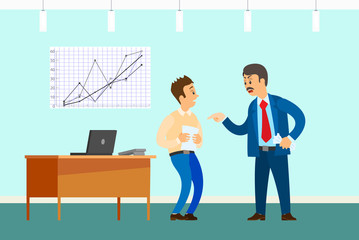 Bad job, angry boss and irresponsible employee. Wrong statistical report or paperwork, rebuke in office with desktop and graphic vector illustration.