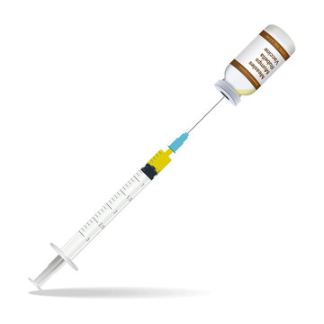 Immunization, Measles Mumps Rubella Vaccine Syringe Contain Some Injection And Injection Bottle Isolated On A White Background. Vector Illustration. Vaccination Healthcare Concept.