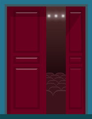 Audience at cinema vector, wooden door entrance to movie theatre. Comfortable chairs and armchairs with soft padding. Seats for people visiting film sean