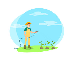 Obraz na płótnie Canvas Farmer watering vegetables from hose vector cartoon icon. Happy woman in uniform, boots and hat pouring plants, isolated on field, working on farm