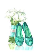 watercolor turquoise shoes and wedding bouquet of white flowers
