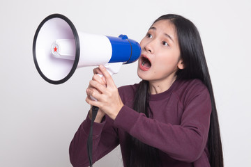 Beautiful young Asian woman announce with megaphone.