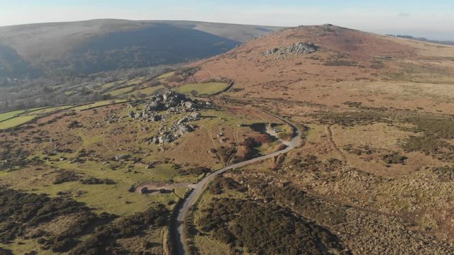 Aerial drone view of granite rock formations of Dartmoor, Devon UK