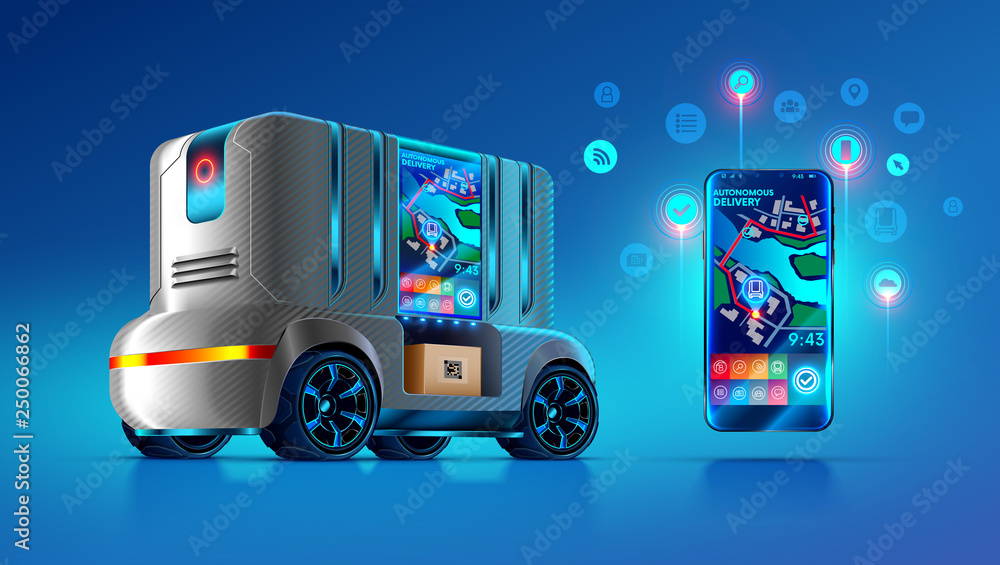 Poster autonomous driverless van delivers and ships parcels in specified location on map city. smartphone a