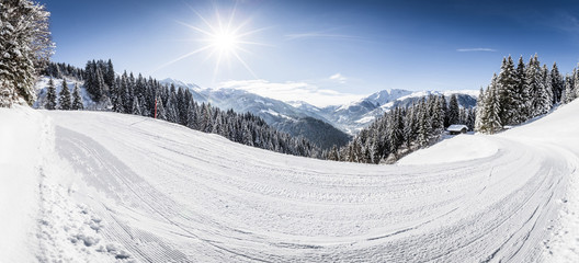 Ski Weg im Winter mit verschneiter Winterlandschaft 