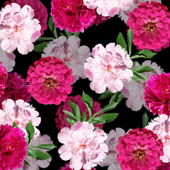 Fototapeta na wymiar Beautiful floral background of tsiniya and peonies