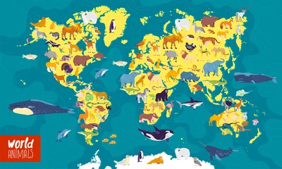 Flache Vektorgrafik der Weltkarte mit Meer, Ozeanen, Kontinenten und einheimischen Tieren und Pflanzen: Eisbär, Fuchs, Eichhörnchen, Wolf, Elefant, Tiger, Fisch usw. Gut für Infografiken, Kinderbücher, Banner © artflare