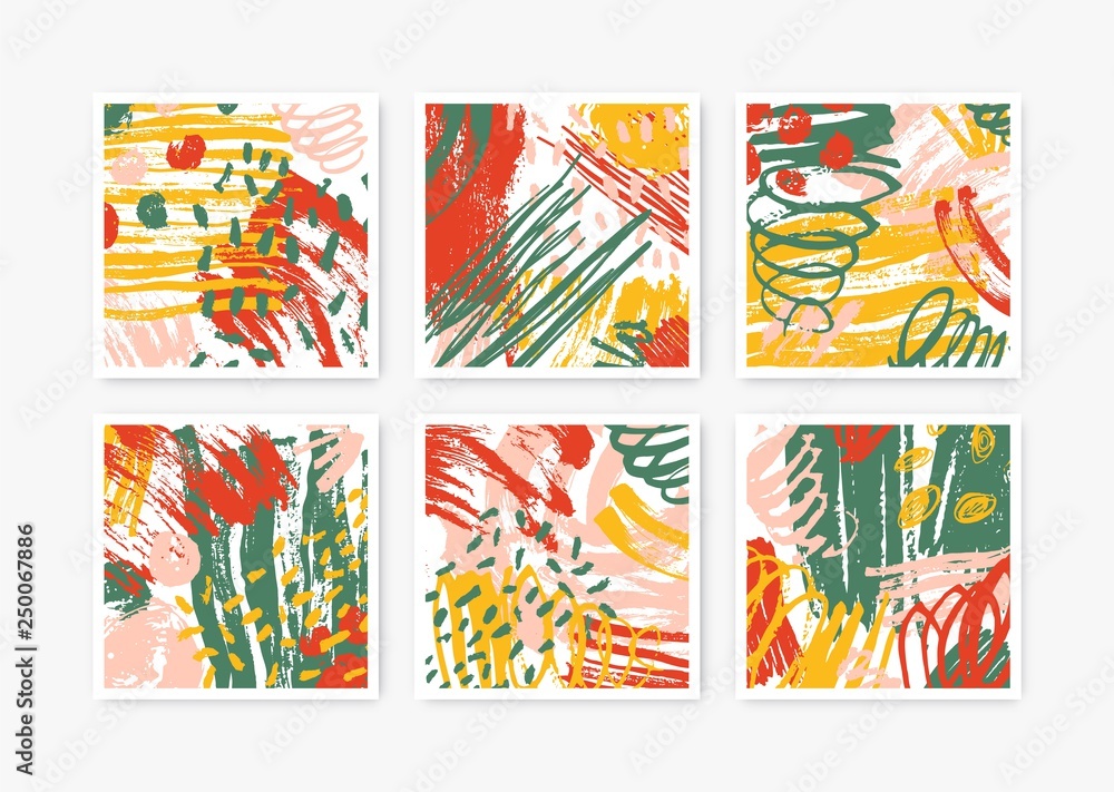 Poster Collection of square backgrounds with abstract hand drawn textures. Set of backdrops with colorful paint traces, stains, blots, scribble. Creative artistic vector illustration in modern art style.