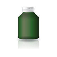 Blank green round supplements or medicine bottle with cap lid for beauty or healthy product. Isolated on white background with reflection shadow. Ready to use for package design. Vector illustration.
