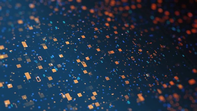 3d blue orange digital binary code data. Futuristic concept of information technology. Computer animation of seamless loop