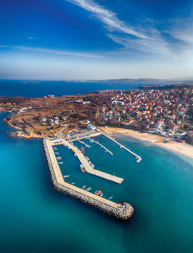 Amazing Day Aerial View.  Seascape Of The Rocks At The Coastline Of Chernomorets, Burgas Region, Bulgaria. The Beautiful Beach Of The Black Sea Captured By The Air In The Summer.