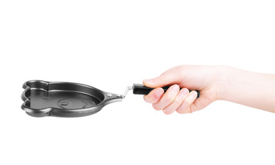 Frying pan in hand on a white background