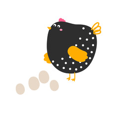 Vector print with black hen and eggs.